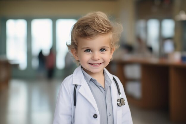 Foto porträt eines lustigen kleinen arztjungen im krankenhaus