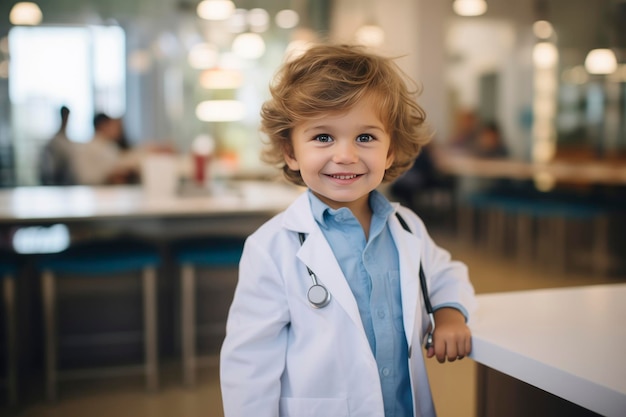 Porträt eines lustigen kleinen Arztjungen im Krankenhaus