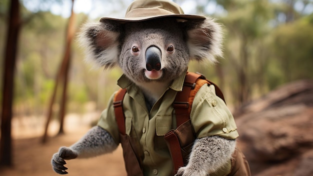 Porträt eines lustigen Koalas mit Hut und Rucksack im australischen Wald