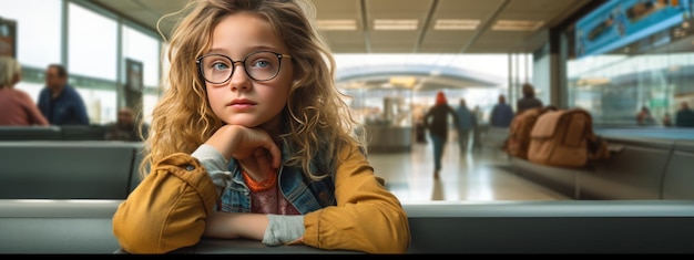 Porträt eines Mädchens, das auf den Sitzen des Flughafens sitzt