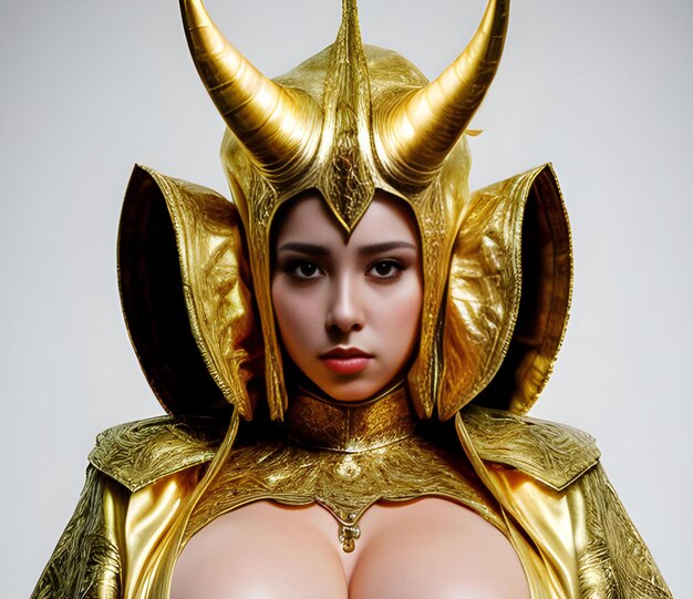 Porträt eines Mädchens in einem goldenen Kostüm mit Hörnern. Fantasie