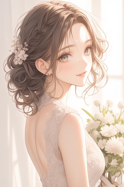 Porträt eines Mädchens in einem Hochzeitskleid, das einen Blumenstrauß hält