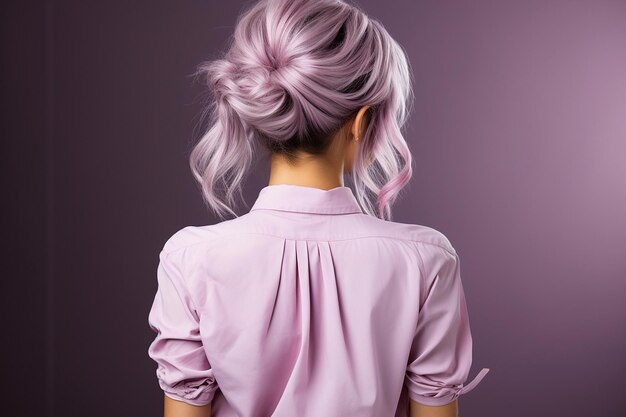 Foto porträt eines mädchens mit violettfarbenen haaren mit bun-frisur in naher sicht nach hinten