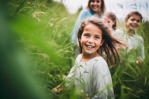 Porträt eines Mädchens und ihrer Familie glücklich auf dem Land bei Sonnenuntergang Familienkonzept Vatertag Konzept Muttertag Konzept