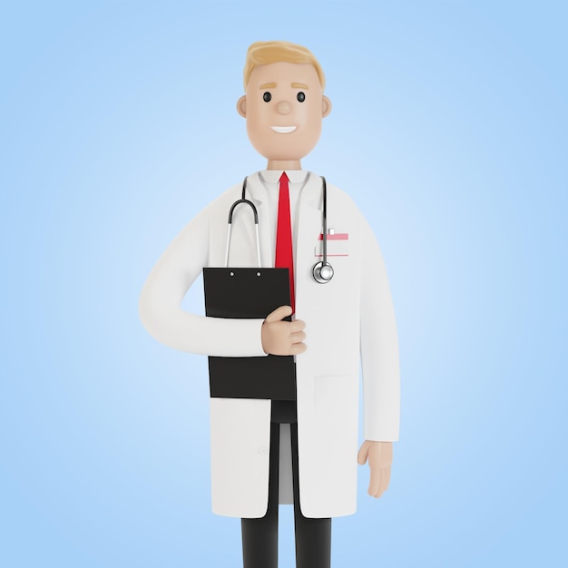 Porträt eines männlichen Arztes mit einem Ordner in seinen Händen 3D-Illustration im Cartoon-Stil