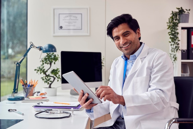 Porträt eines männlichen Arztes oder Hausarztes im weißen Kittel, der am Schreibtisch im Büro sitzt und ein digitales Tablet verwendet