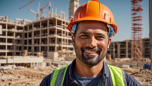 Porträt eines männlichen Bauarbeiters mit Schutzhelm vor dem Hintergrund einer Baustelle