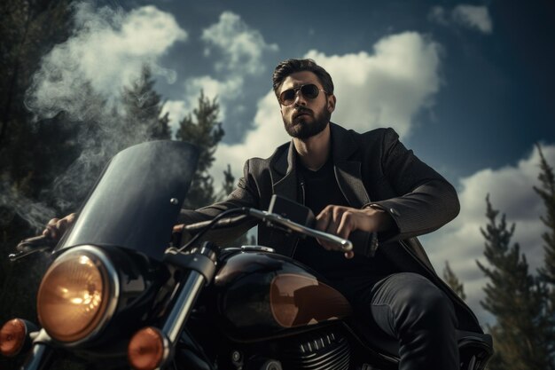 Porträt eines männlichen Bikers, der Freiheit und Individualität auf offener Straße, Abenteuerlust und den rebellischen Reiz der Motorrad-Männlichkeit in Bewegung zeigt