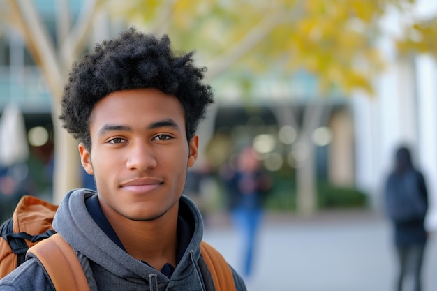 Foto porträt eines männlichen college-studenten, der in die kamera schaut