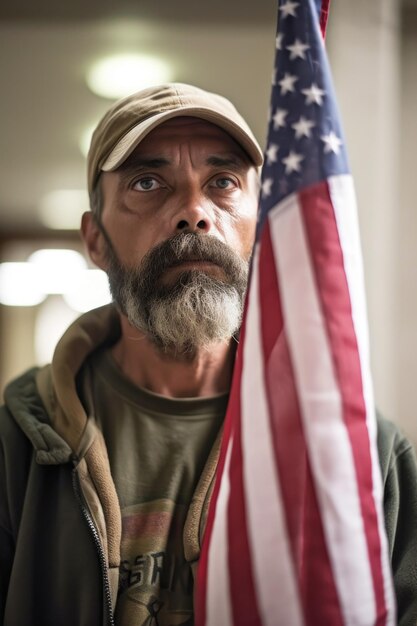 Foto porträt eines männlichen demonstranten, der eine amerikanische flagge vor einem gerichtssaal hält