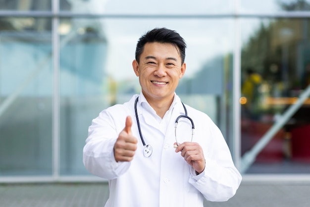 Porträt eines männlichen fröhlichen asiatischen Arztes, der die Kamera lächelt und betrachtet, die Daumen auf ausgestreckter Hand auf dem Hintergrund der modernen Klinik im Freien hält