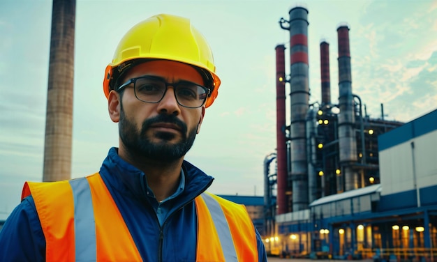 Porträt eines männlichen Ingenieurs im Hintergrund einer Ölraffinerie