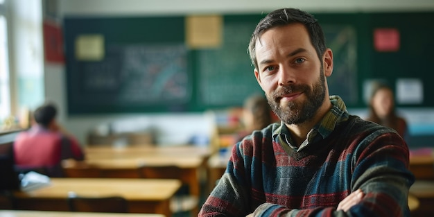 Foto porträt eines männlichen lehrers im klassenzimmer generative ki