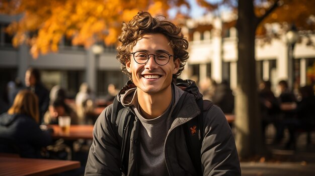 Foto porträt eines männlichen studenten, der draußen vor dem college steht