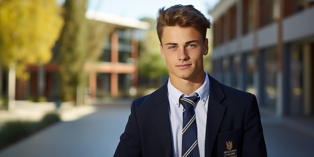 Porträt eines männlichen Teenagers in Uniform vor Gebäuden
