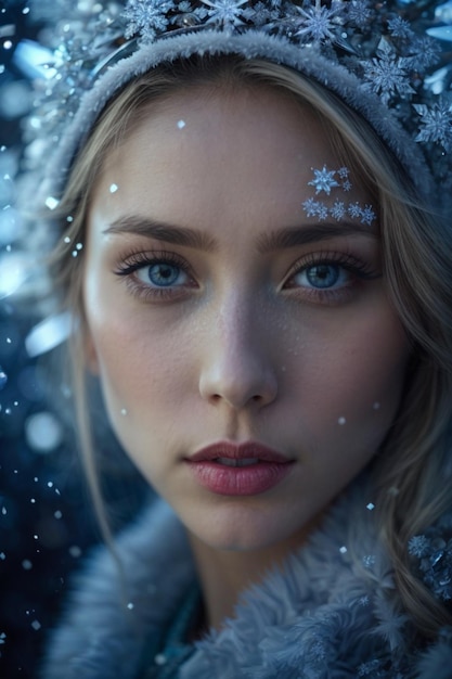 Porträt eines makellos schönen blauäugigen Mädchens und einer schneebedeckten Atmosphäre