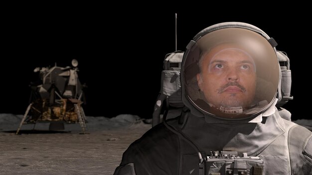 Foto porträt eines mann-astronauten auf dem mond mit helm, der den erdball im weltraum aus der nähe betrachtet