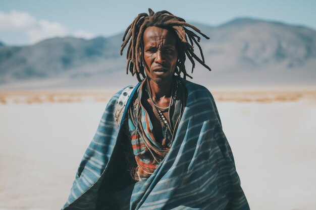 Foto porträt eines mannes aus einem afrikanischen stamm mit dreadlocked haaren, gewickelt in lose blaue kleidung in einer wüste