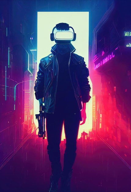 Porträt eines Mannes, der ein Cyberpunk-Headset und Cyberpunk-Ausrüstung trägt. Ein Hightech-Mann aus der Zukunft.