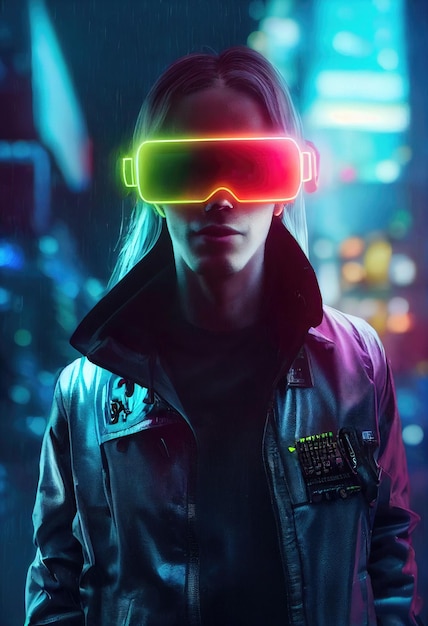 Porträt eines Mannes, der eine virtuelle Cyberpunk-Headset-Neonbrille und Cyberpunk-Ausrüstung trägt