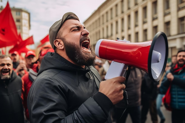 Porträt eines Mannes, der während eines Protests KI-generiert in ein Megaphon schreit