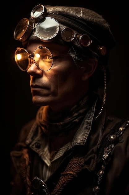 Porträt eines Mannes im Steampunk-Stil im Erwachsenenalter auf schwarzem Hintergrund. Generative KI