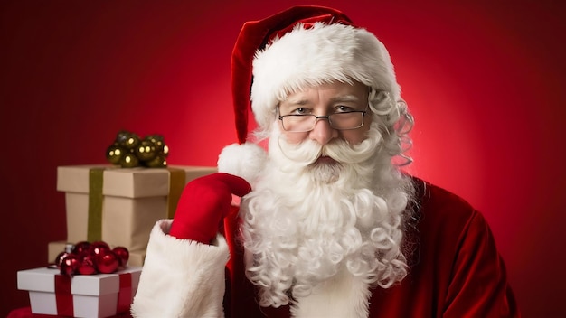 Porträt eines Mannes im Weihnachtsmannskostüm mit einem luxuriösen weißen Bart, einem Weihnachtenhut und einem roten Kostüm