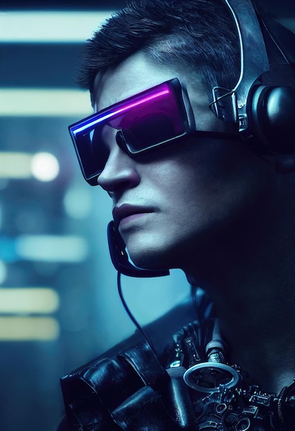 Porträt eines Mannes mit Cyberpunk-Headset und Cyberpunk-Ausrüstung Ein Hightech-Mann aus der Zukunft