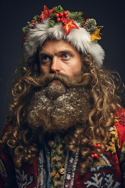 Porträt eines Mannes mit langen, welligen Haaren und Bart in einem Weihnachtsmannshut