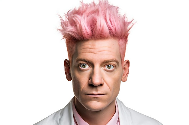Porträt eines Mannes mit rosa Haaren und weißem Mantel isoliert auf weißem Hintergrund