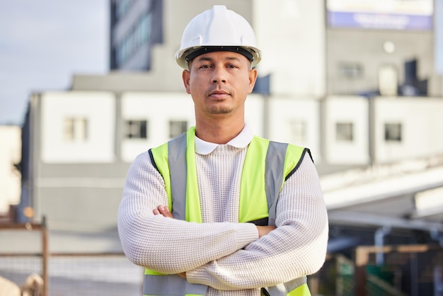 Porträt eines Mannes und eines Ingenieurs mit verschränkten Armen in der Stadt voller Stolz auf Karriere und Job. Der Architekt steht vor dem Bau und ein ernsthafter, stolzer und selbstbewusster männlicher Bauunternehmer oder Fachmann mit Erfolgsmentalität