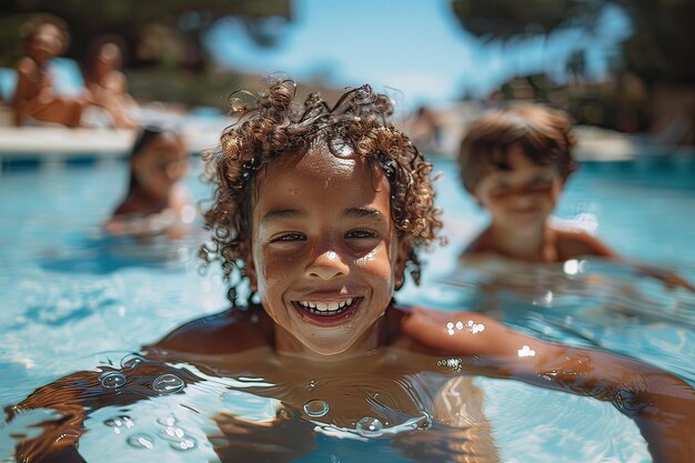 Porträt eines mehrrassigen Kindes, das an einem sonnigen Tag im Freien im Pool posiert