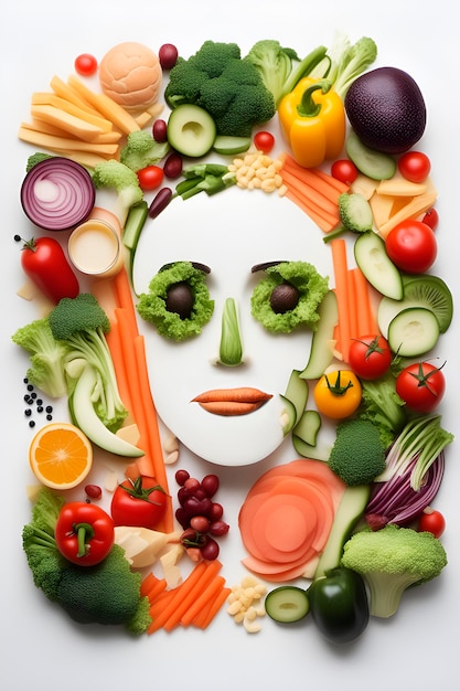 Porträt eines menschlichen Gesichts aus gesunden Lebensmitteln, Gemüse und Obst