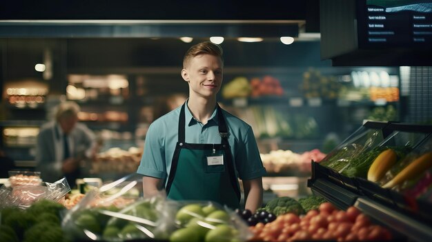 Foto porträt eines mitarbeiters eines supermarktkassierers, der früchte auf einem markt arrangiert generative ki