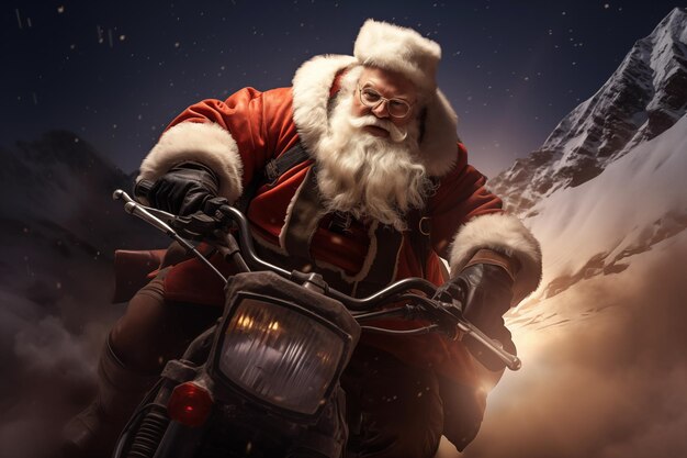 Porträt eines modernen, coolen Weihnachtsmanns, der Motorrad fährt. Generative KI