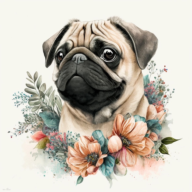 Porträt eines Mops in Blumen im Aquarellstil