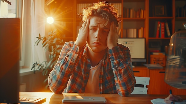 Porträt eines müden Mannes, der nach langen Stunden Computerarbeit an Kopfschmerzen oder Augenbelastungen leidet
