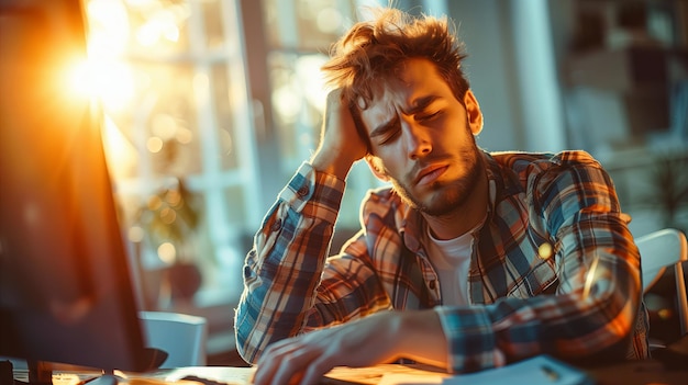 Porträt eines müden Mannes, der nach langen Stunden Computerarbeit an Kopfschmerzen oder Augenbelastungen leidet