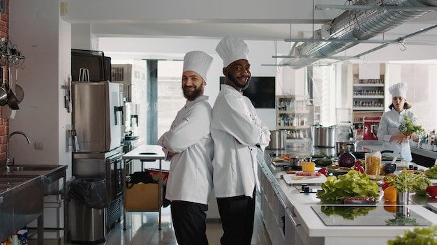 Porträt eines multiethnischen Teams von Köchen, die in der Restaurantküche arbeiten und Gourmetgerichte mit köstlichen frischen Zutaten zubereiten. Professionelle männliche Köche kochen authentisches kulinarisches Essensrezept.