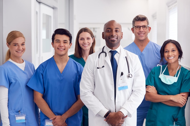 Foto porträt eines multikulturellen medizinischen teams, das im krankenhauskorridor steht