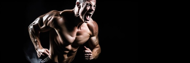 Porträt eines muskulösen Mannes mit angespannten Muskeln und Schreien vor einem dunklen Hintergrundbanner