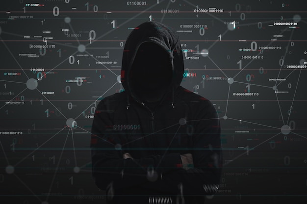 Porträt eines nicht wiederzuerkennenden Hackers, der einen schwarzen Kapuzenpullover trägt und mit verschränkten Armen dasteht. Schwarzer Hintergrund mit einem Binärcode. Doppelgefährdung