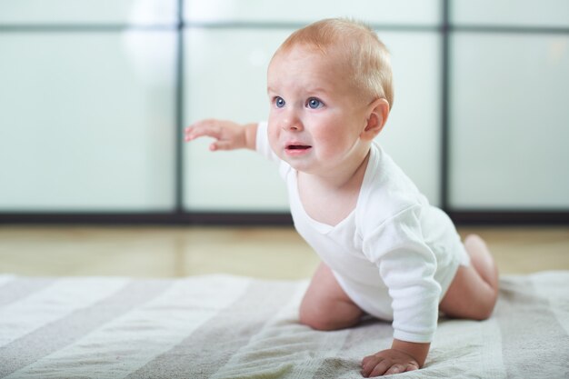 Porträt eines niedlichen 6 Monate alten Jungen, der auf dem Boden kriecht