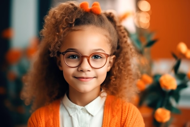 Porträt eines niedlichen afroamerikanischen Schülermädchens mit Brille im Klassenzimmer Back to School-Konzept