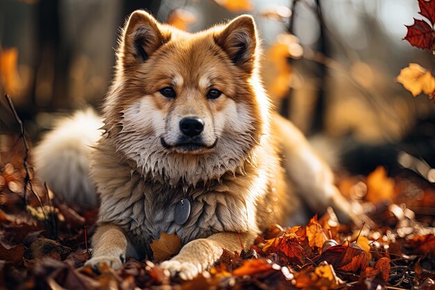 Porträt eines niedlichen amerikanischen Akita-Hundes, der auf dem Herbstblatt liegt, natürliches Licht im Freien, warmer Filter, generative Kunst