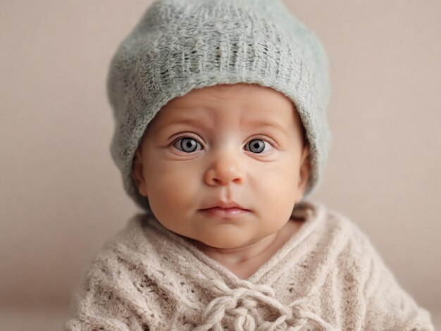 Foto porträt eines niedlichen babys in einem gestrickten hut auf einem hellen hintergrund