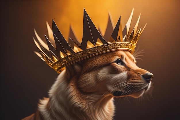 Porträt eines niedlichen Hundes in einer goldenen Krone auf einem farbigen Hintergrund ai generative
