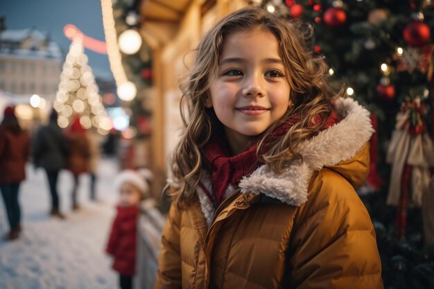 Porträt eines niedlichen jungen kaukasischen Mädchens auf dem Weihnachtsmarkt mit Bokeh-Lichtern im Hintergrund