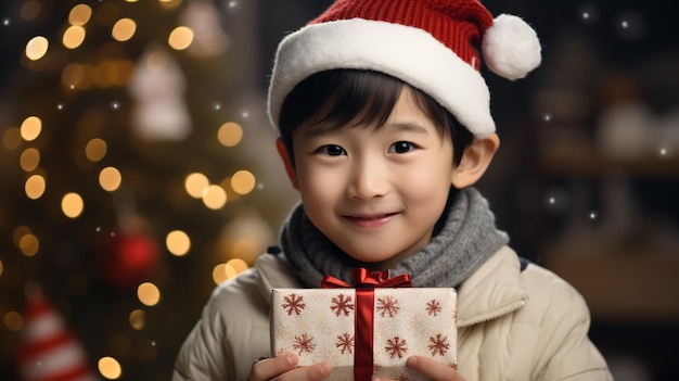 Porträt eines niedlichen kleinen asiatischen Jungen mit einer Geschenkkiste