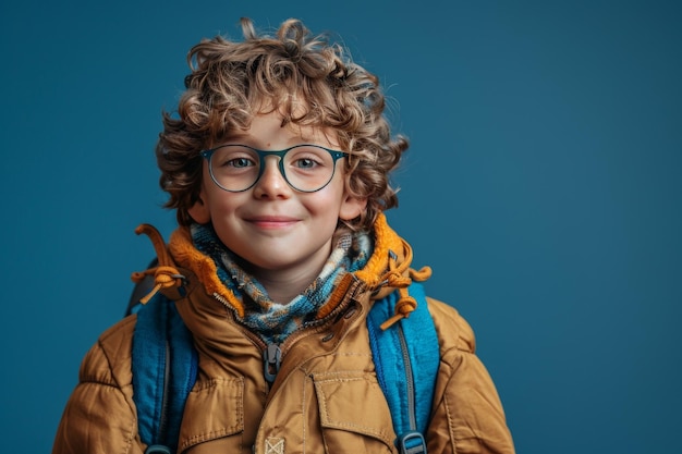 Porträt eines niedlichen kleinen Jungen, der einen Rucksack mit lockigem Haar und Brille auf blauem Hintergrund trägt